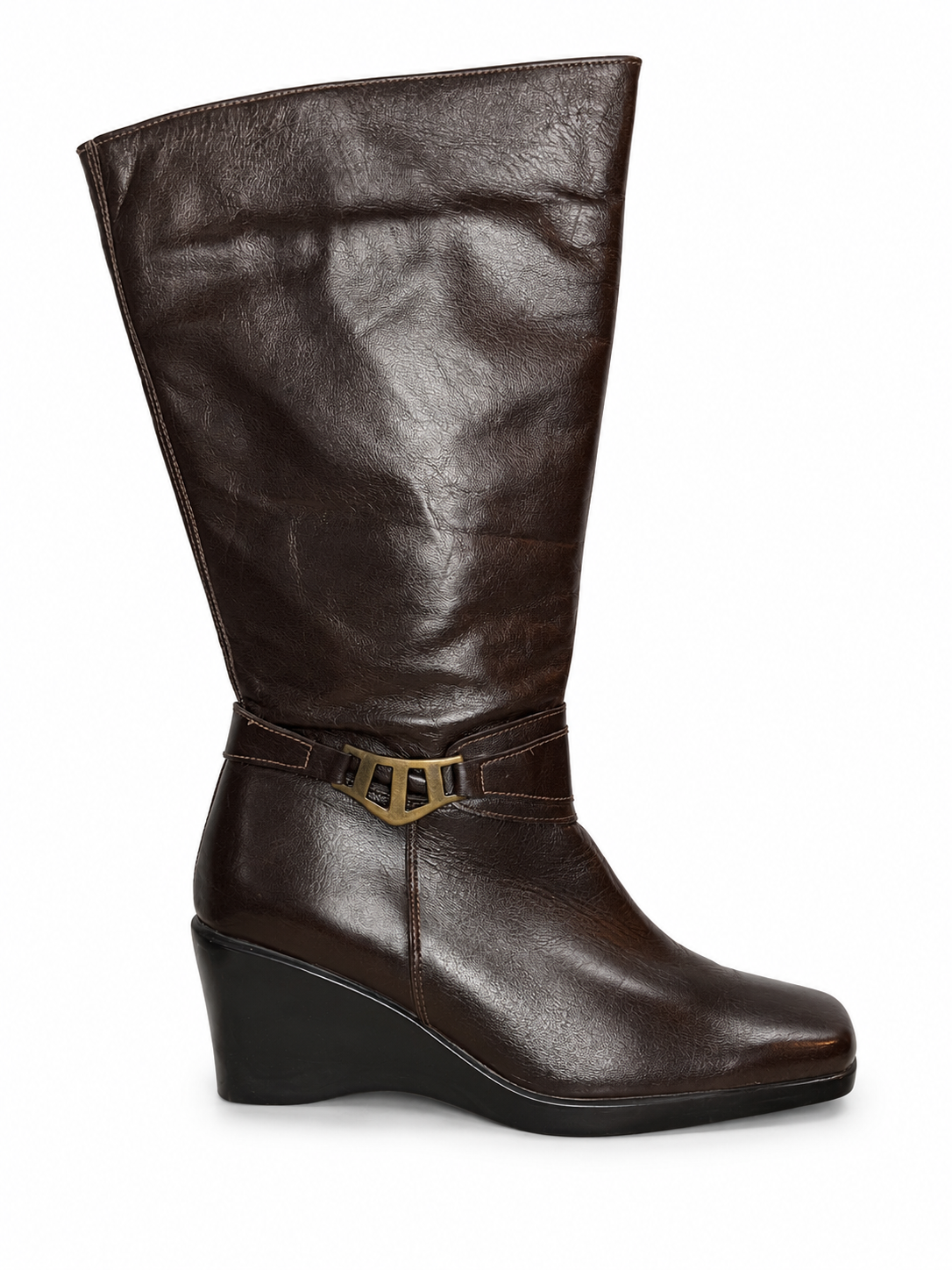 Botas Caña Alta Cuña Chocolate Hebilla Dorada