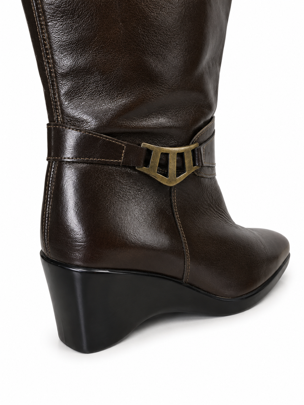 Botas Caña Alta Cuña Chocolate Hebilla Dorada