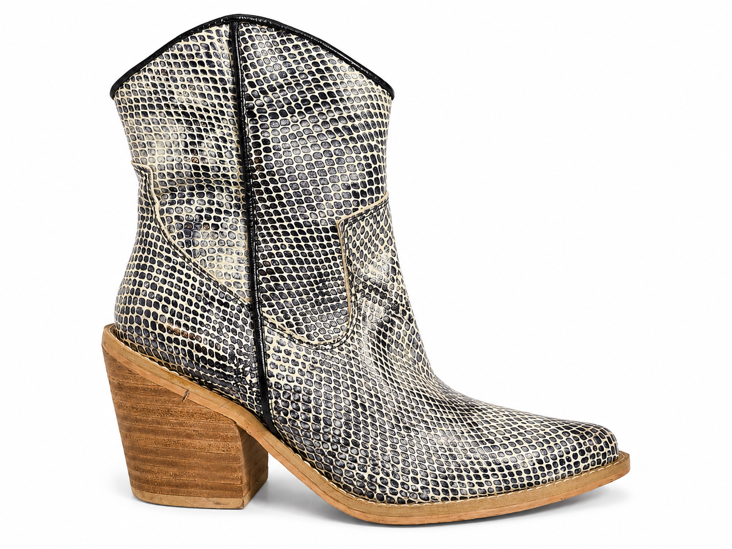 Botines Cowboy Cuero Estampado Serpiente Blanco Negro