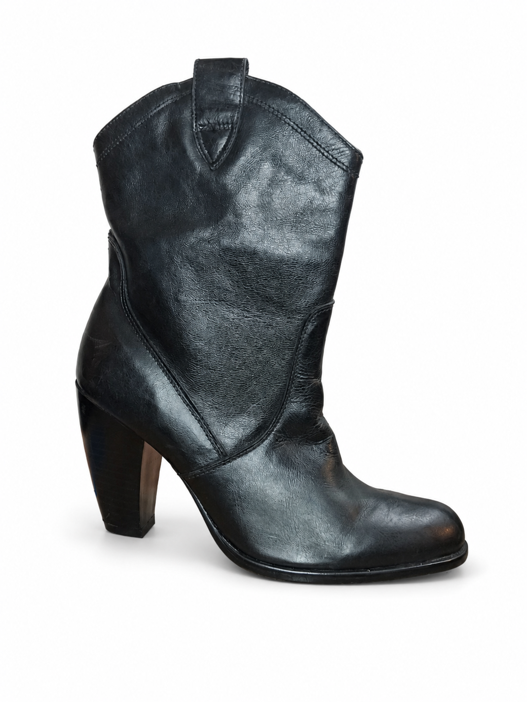Botines Cowboy Cuero Negro Envejecido Taco Cónico