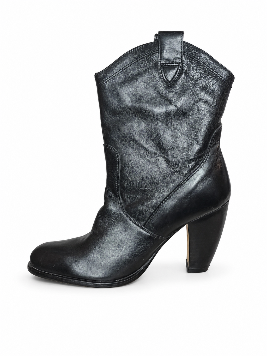 Botines Cowboy Cuero Negro Envejecido Taco Cónico