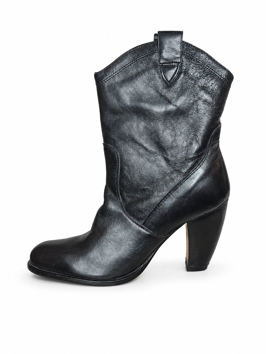 Botines Cowboy Cuero Negro Envejecido Taco Cónico